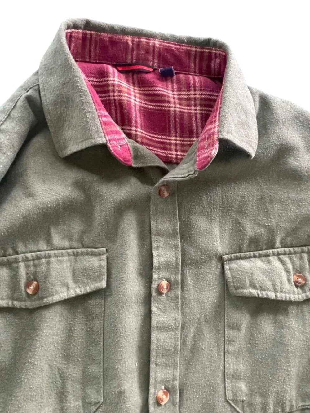Vintage Green Flannel Made in Italy XXL Button-Up Shirt With Pink Plaid Lining &